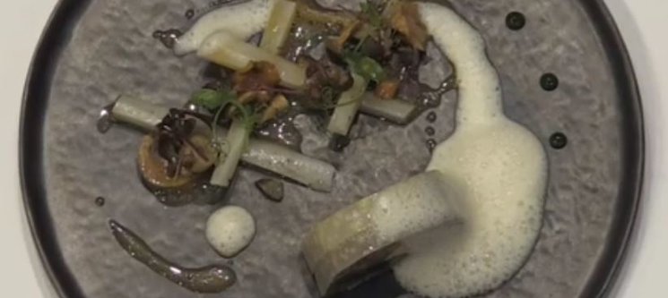 Terrine de lièvre au foie gras, céleri et gelée de raisins. Champignons de la région, salade de salsifis et jus tranché au vieux xérès